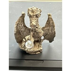 Vintage Pewter Dragon Figurine Holding Crystal Ball Fantasy Statue 3.25" x 2.5"